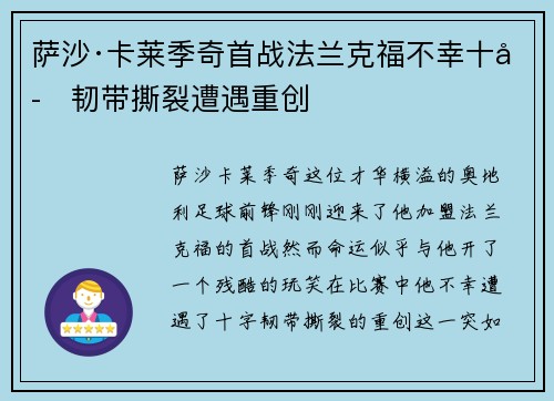 萨沙·卡莱季奇首战法兰克福不幸十字韧带撕裂遭遇重创 萨沙·卡莱季奇首战法兰克福不幸十字韧带撕裂遭遇重创
